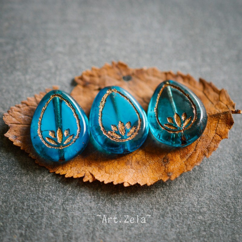 Fleurs de lotus bleu bronze 18mm X2 Perles verre tchèque transparent