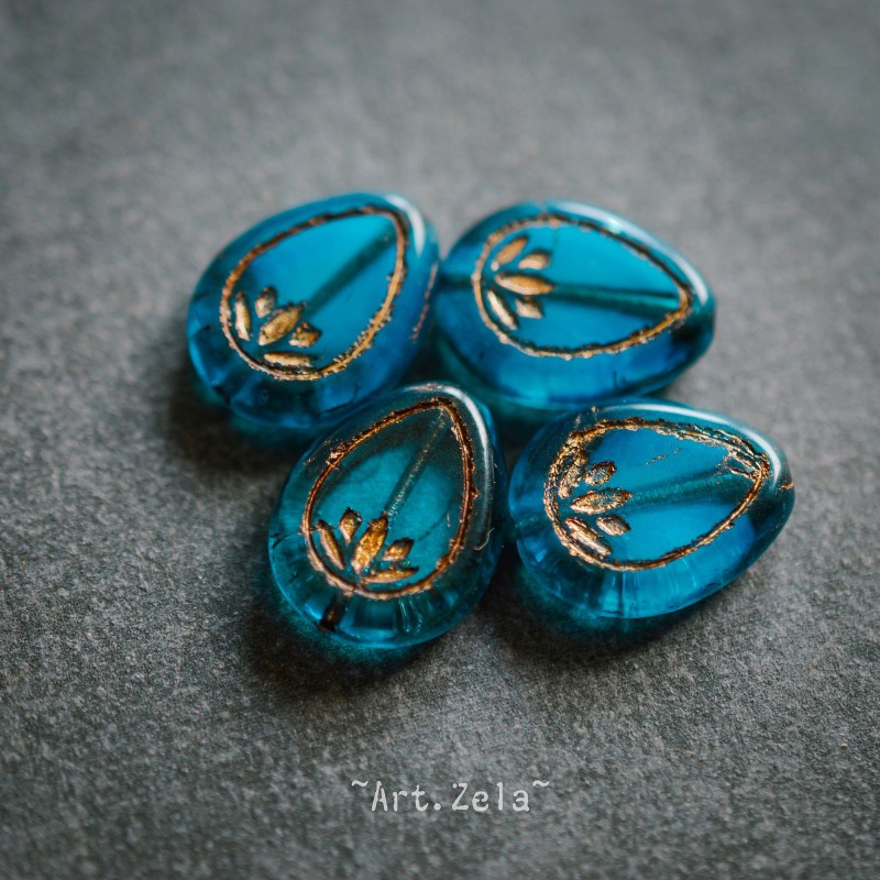 Fleurs de lotus bleu bronze 18mm X2 Perles verre tchèque transparent