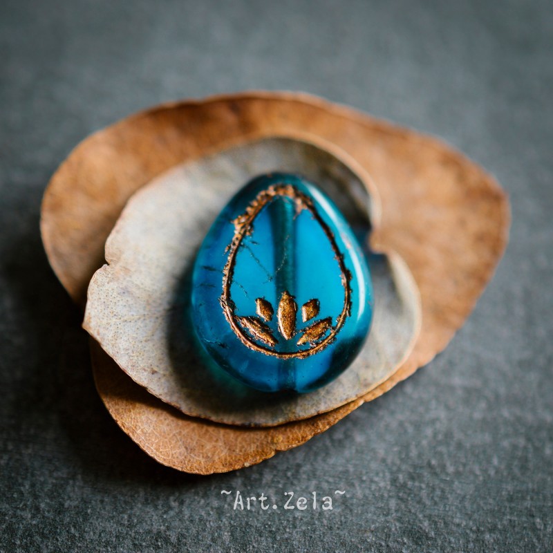 Fleurs de lotus bleu bronze 18mm X2 Perles verre tchèque transparent