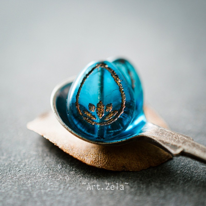 Fleurs de lotus bleu bronze 18mm X2 Perles verre tchèque transparent