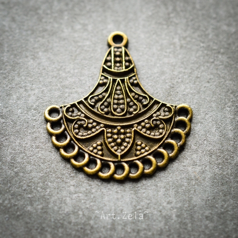 Pendentif connecteur gravé motif floral 33mm X4 Métal ton bronze