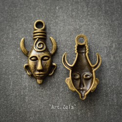 Petits pendentifs masques primitifs 32mm X2 Breloque métal ton bronze