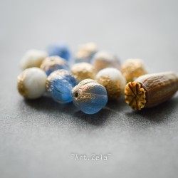 Melons blanc bleu 6mm X8 Perles verre tchèque gravé doré