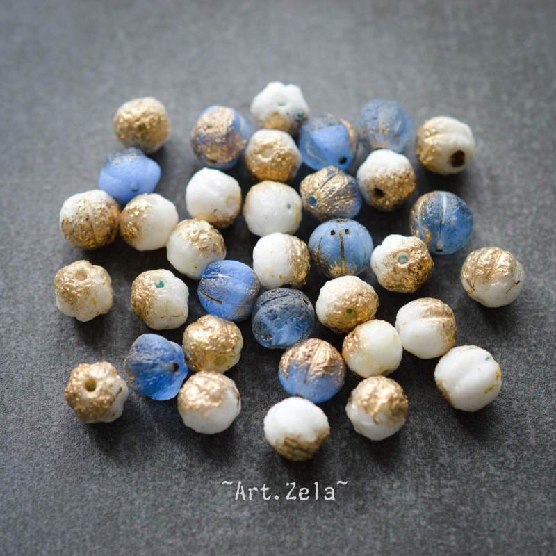 Melons blanc bleu 6mm X8 Perles verre tchèque gravé doré