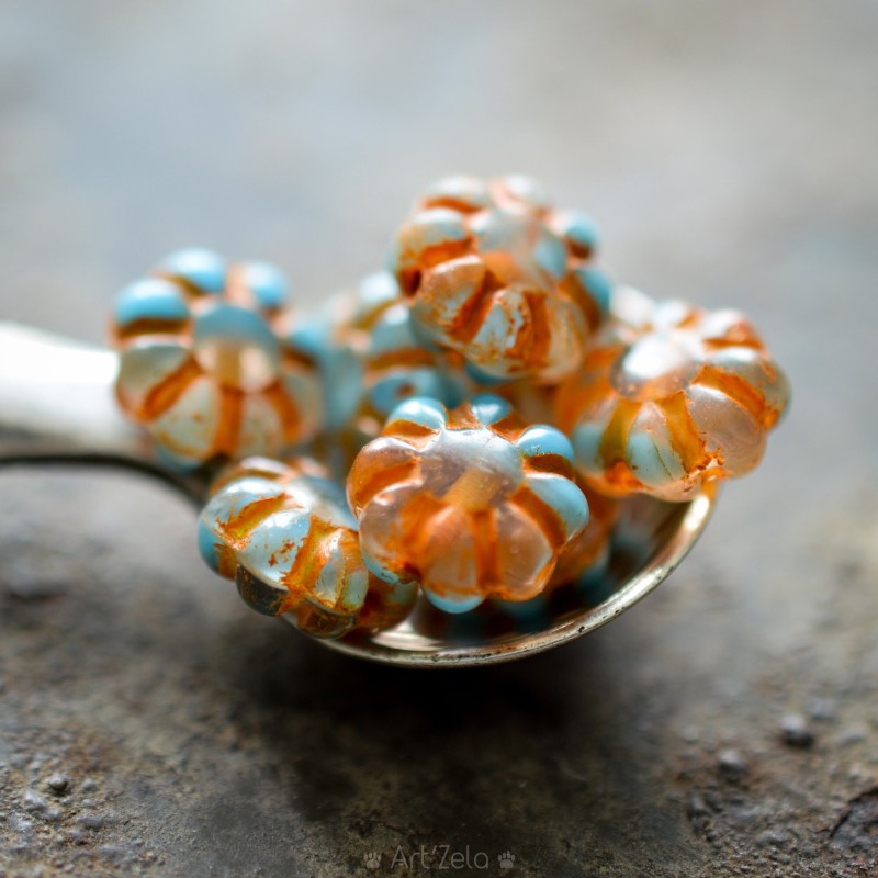 Fleurettes bleu orange 9mm X20 Perles verre tchèque Fleur de Cactus