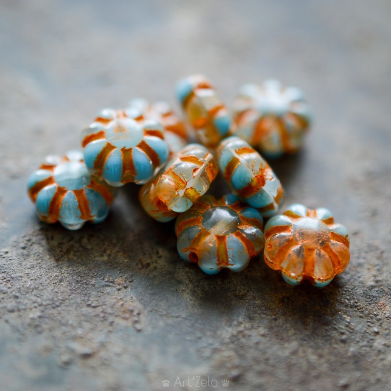 Fleurettes bleu orange 9mm X20 Perles verre tchèque Fleur de Cactus