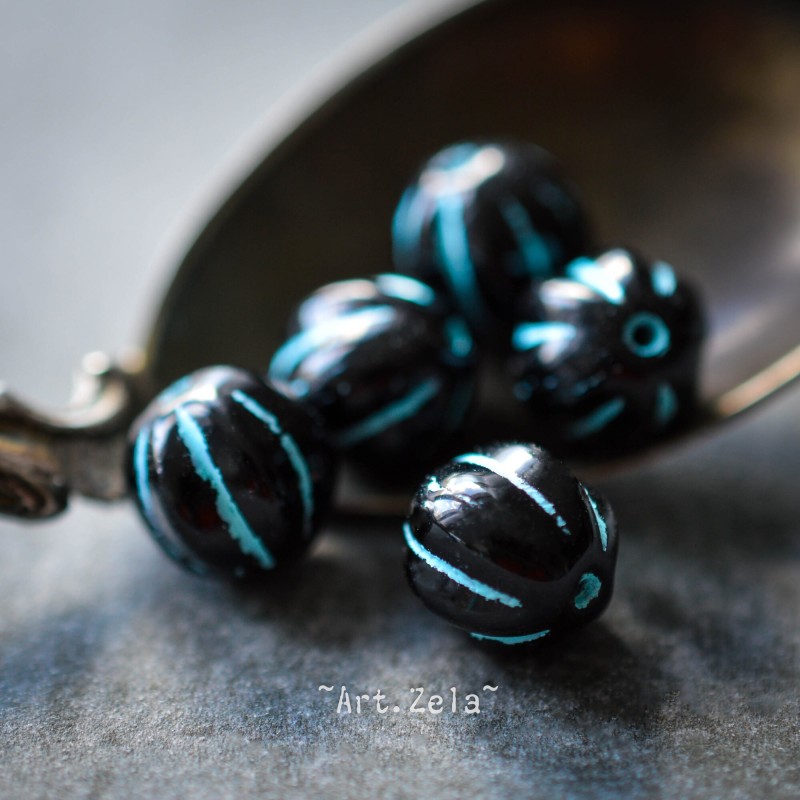 Melons noir bleu 8mm X10 Perles verre tchèque rondes opaques