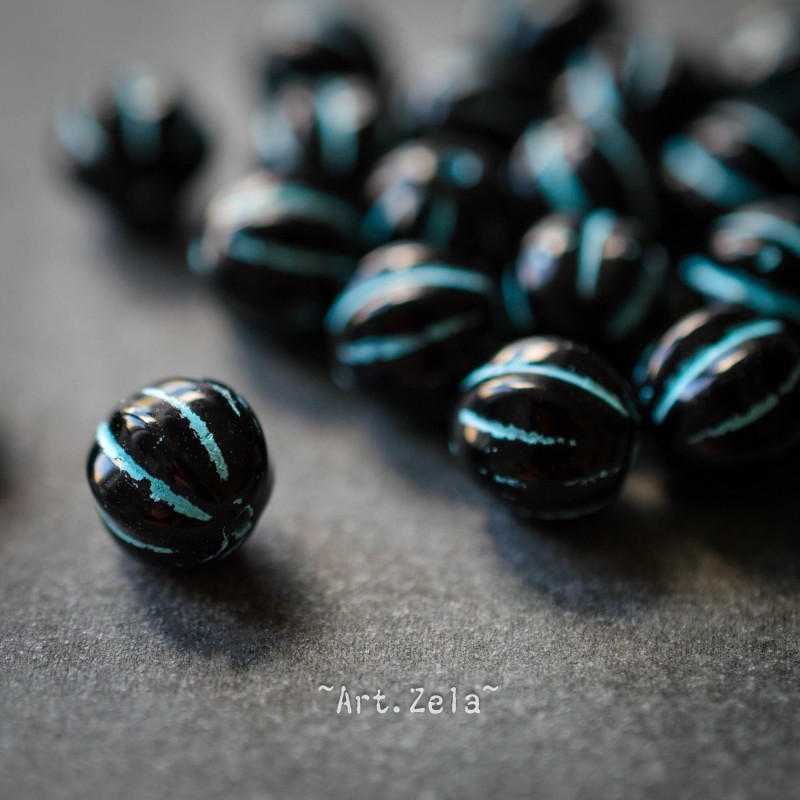 Melons noir bleu 8mm X10 Perles verre tchèque rondes opaques