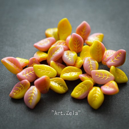Feuilles rose jaune 14mm X8 Perles verre tchèque premium