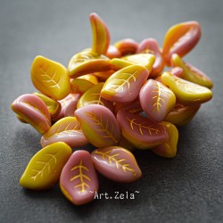 Feuilles rose jaune 14mm X8 Perles verre tchèque premium