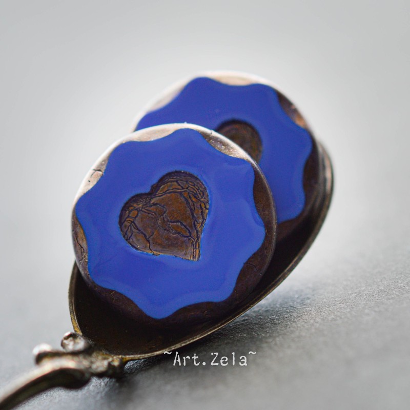 Cœur bleu cobalt Picasso 21mm  X1 Grande perle artisanale verre tchèque