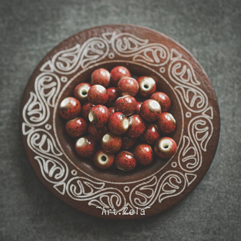Perles céramique émaillée rouge brun 6mm X20 perles artisanales