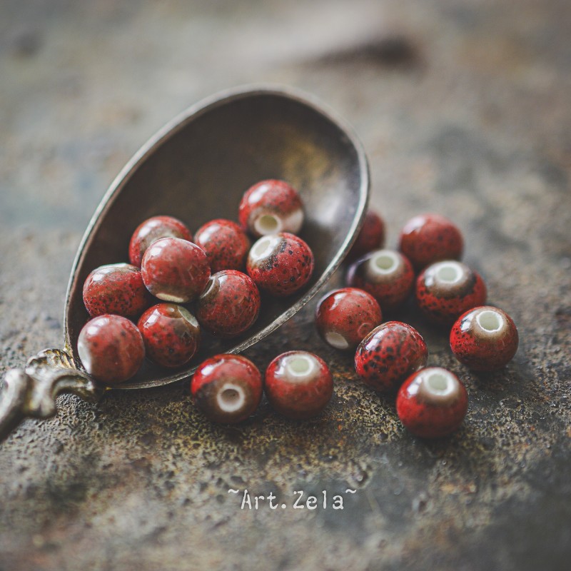 Perles céramique émaillée rouge brun 6mm X20 perles artisanales