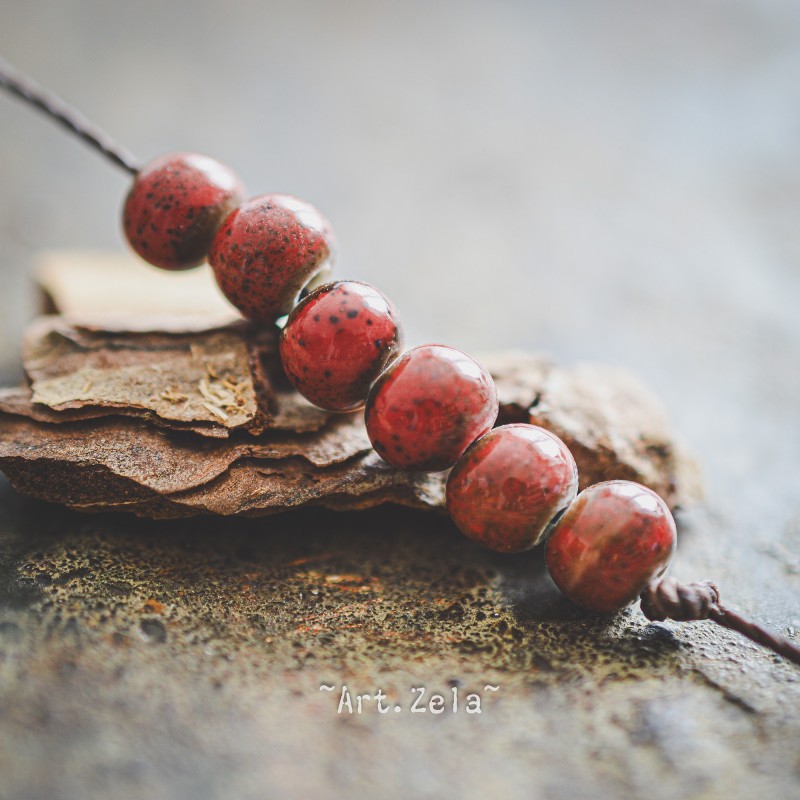 Perles céramique émaillée rouge brun 6mm X20 perles artisanales