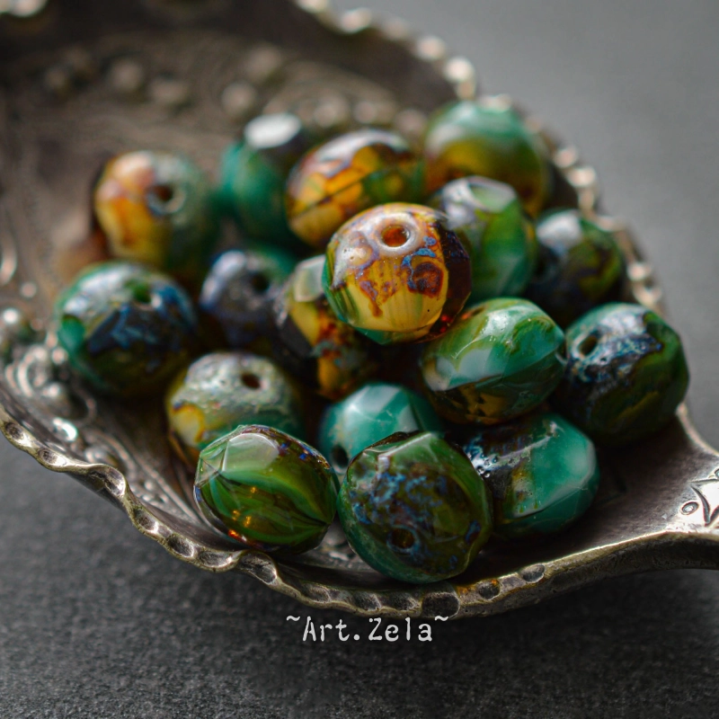 Rondelles vert ambre Picasso 8x6mm X10 Perles verre tchèque
