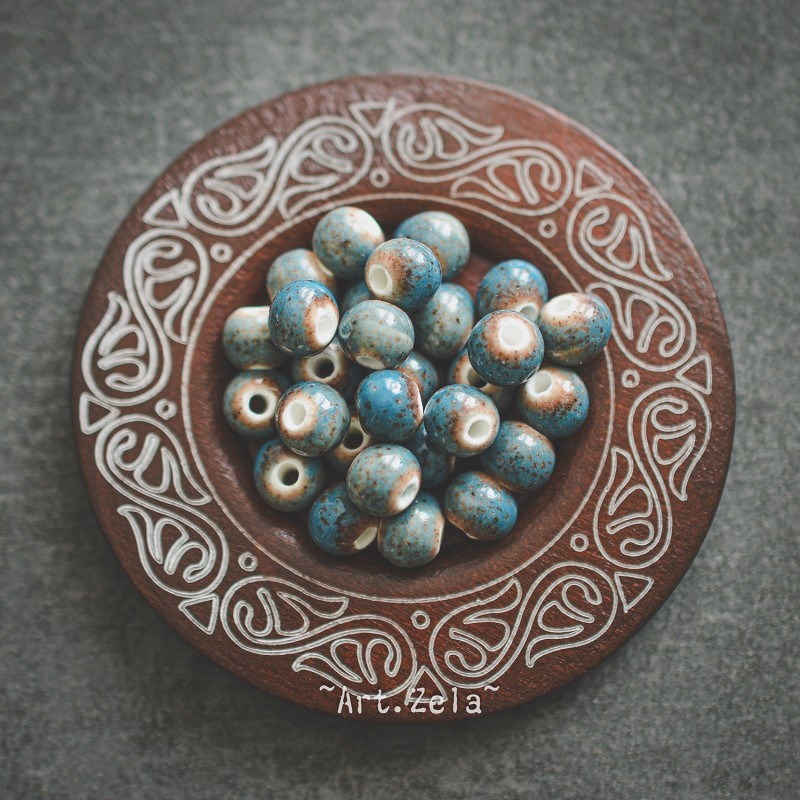 Perles céramique émaillée bleu brun 6mm X20 Perles artisanales