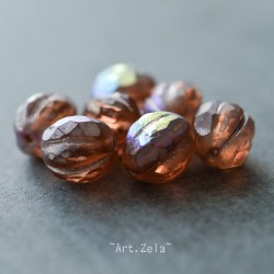 Melons facettés pêche irisé 8/10mm X4 Perles verre tchèque texturé