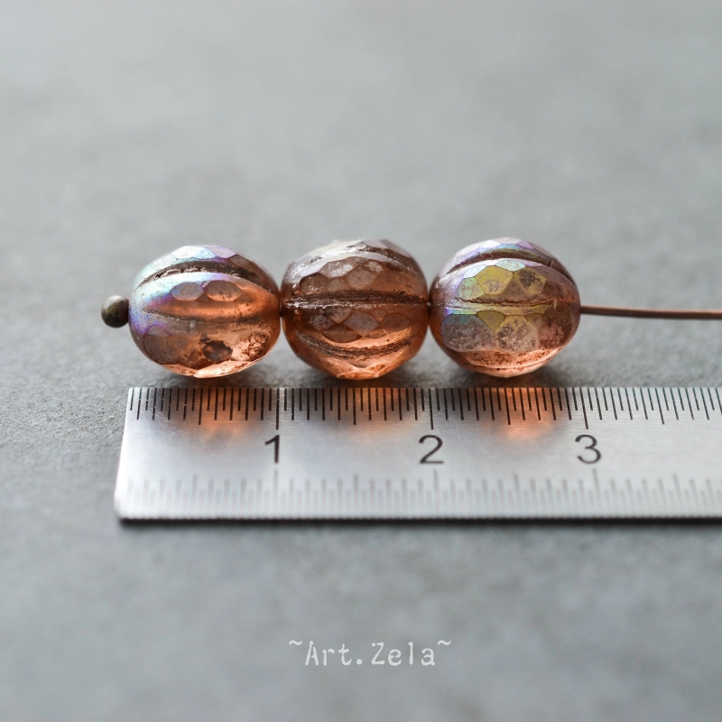 Melons facettés pêche irisé 8/10mm X4 Perles verre tchèque texturé