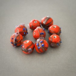 Perles verre rouge-orangé 10~14mm X6 Perles artisanales indiennes