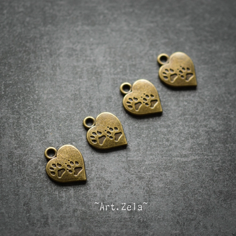 Empreintes de chat 17mm X6 Breloques cœur, métal bronze