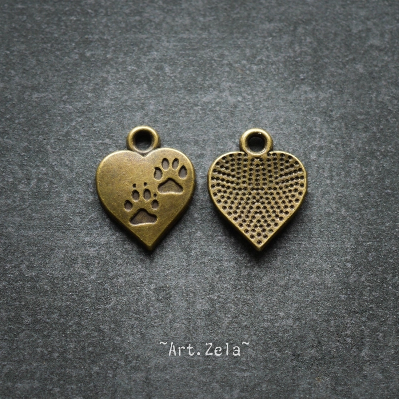 Empreintes de chat 17mm X6 Breloques cœur, métal bronze