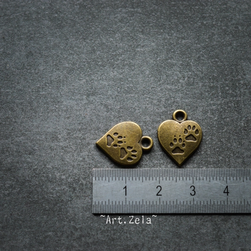 Empreintes de chat 17mm X6 Breloques cœur, métal bronze