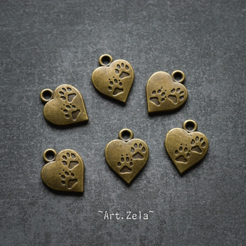 Empreintes de chat 17mm X6 Breloques cœur, métal bronze