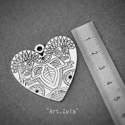 Pendentifs cœurs gravés 38mm X1 Style ethnique, métal argenté vieilli