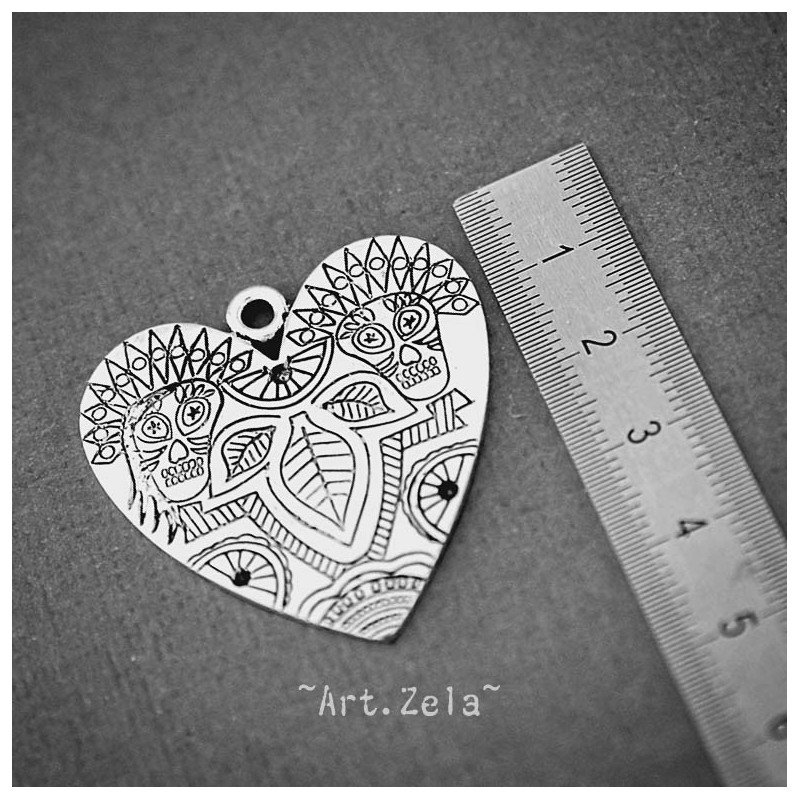 Pendentifs cœurs gravés 38mm X1 Style ethnique, métal argenté vieilli