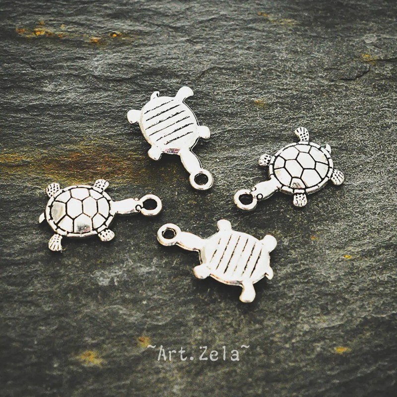 Breloques tortues 19mm X4 Petites tortues métal argenté vieilli