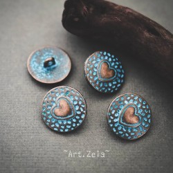 Bouton coeur rond cuivré patine bleue 18mm X2 Boutons à anneau