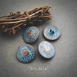 Bouton coeur rond cuivré patine bleue 18mm X2 Boutons à anneau