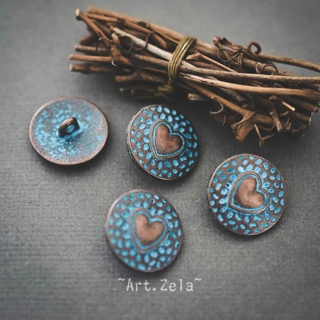 Bouton coeur rond cuivré patine bleue 18mm X2 Boutons à anneau