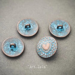 Bouton coeur rond cuivré patine bleue 18mm X2 Boutons à anneau