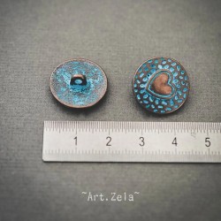 Bouton coeur rond cuivré patine bleue 18mm X2 Boutons à anneau