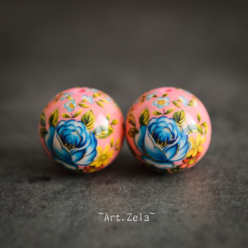 Perle Tensha rose bleu 16mm X1 Perle artisanale japonaise résine