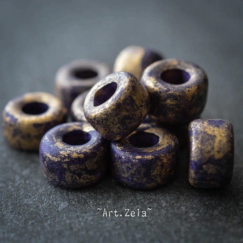 Rondelles violet doré 9mm X10 Perles artisanales céramique grecque