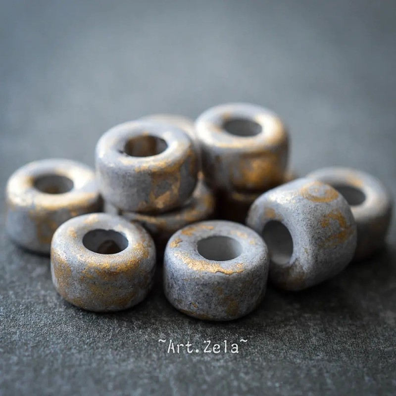 Rondelles gris doré 9mm X10 Perles artisanales céramique grecque