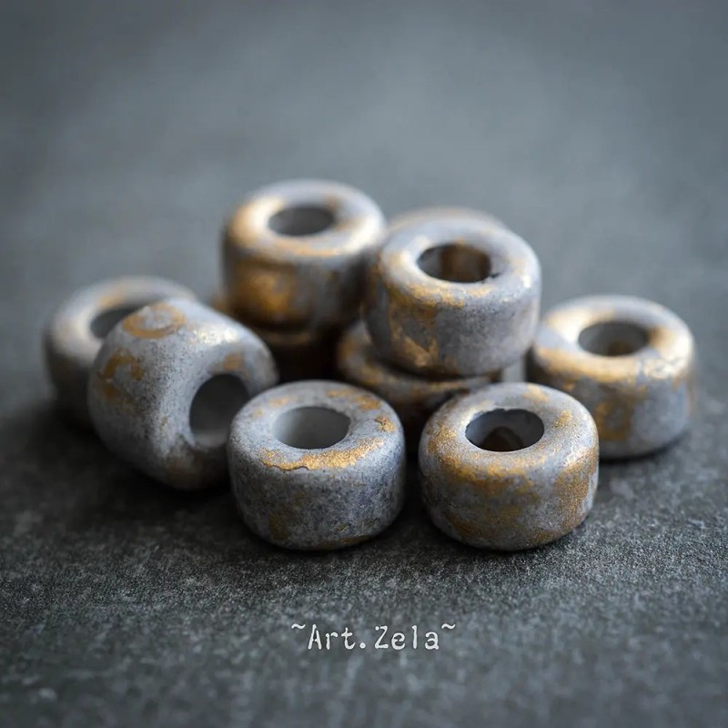 Rondelles gris doré 9mm X10 Perles artisanales céramique grecque