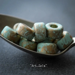 Rondelles menthe clair doré 9mm X16 Perles céramique grecque