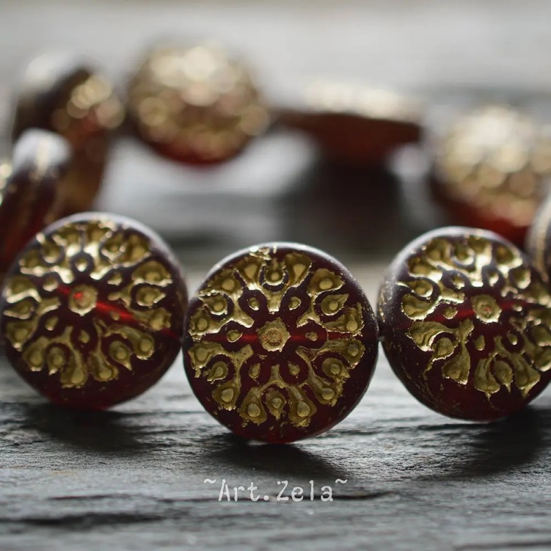 Mandala rouge foncé bronze 18mm X2 Perles verre tchèque dépoli