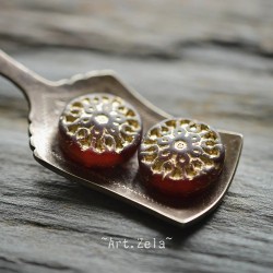 Mandala rouge foncé bronze 18mm X2 Perles verre tchèque dépoli