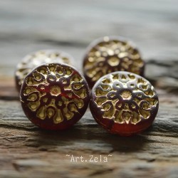 Mandala rouge foncé bronze 18mm X2 Perles verre tchèque dépoli