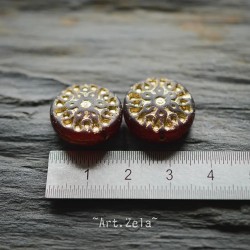 Mandala rouge foncé bronze 18mm X2 Perles verre tchèque dépoli