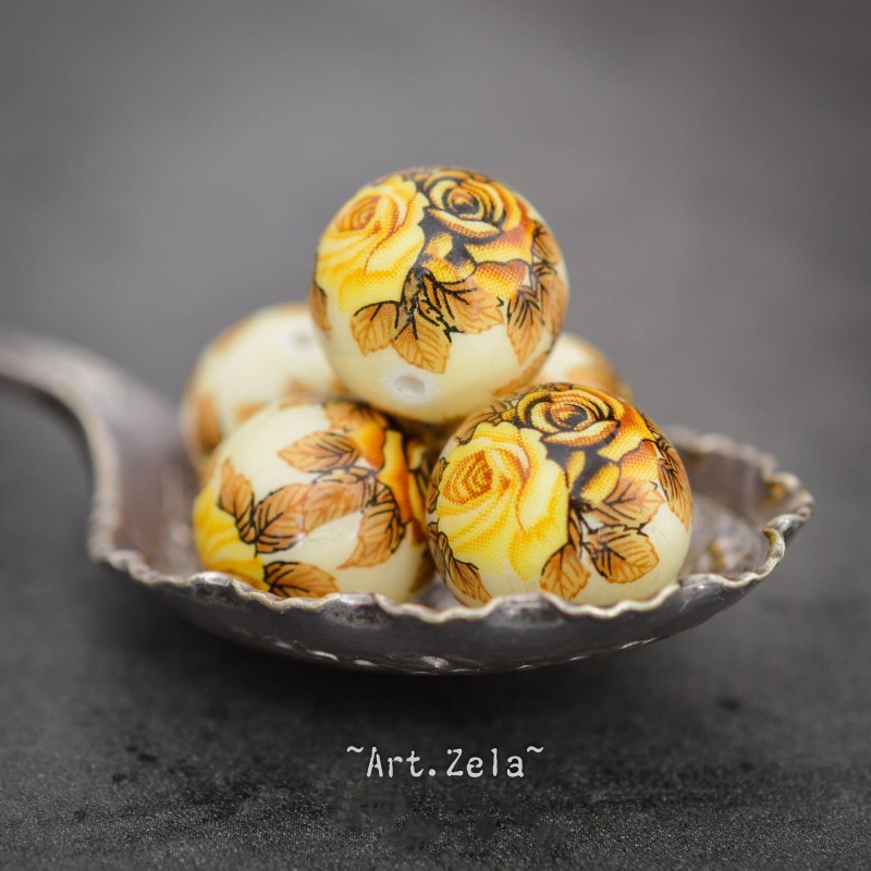 Tensha motif floral tons jaunes 16mm X1 Perle artisanale japonaise résine