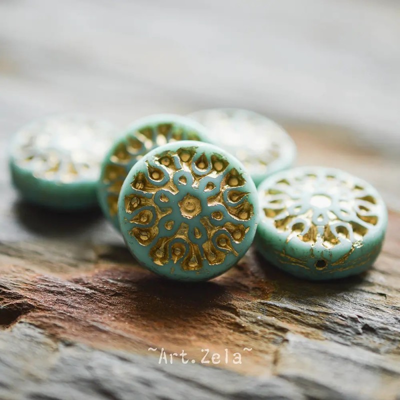 Mandala vert turquoise bronze 18mm X2 Perles verre tchèque opaque