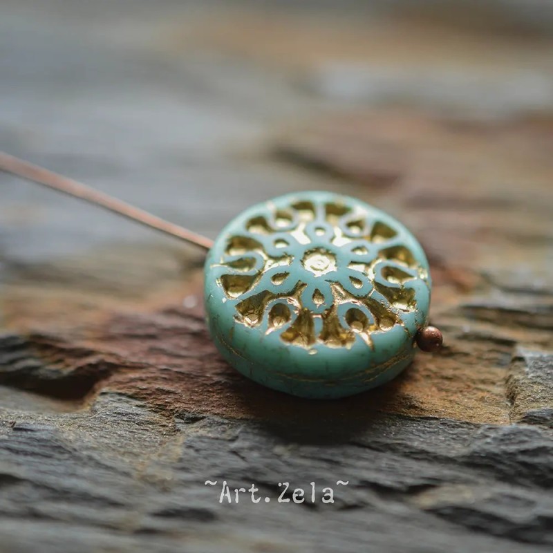 Mandala vert turquoise bronze 18mm X2 Perles verre tchèque opaque