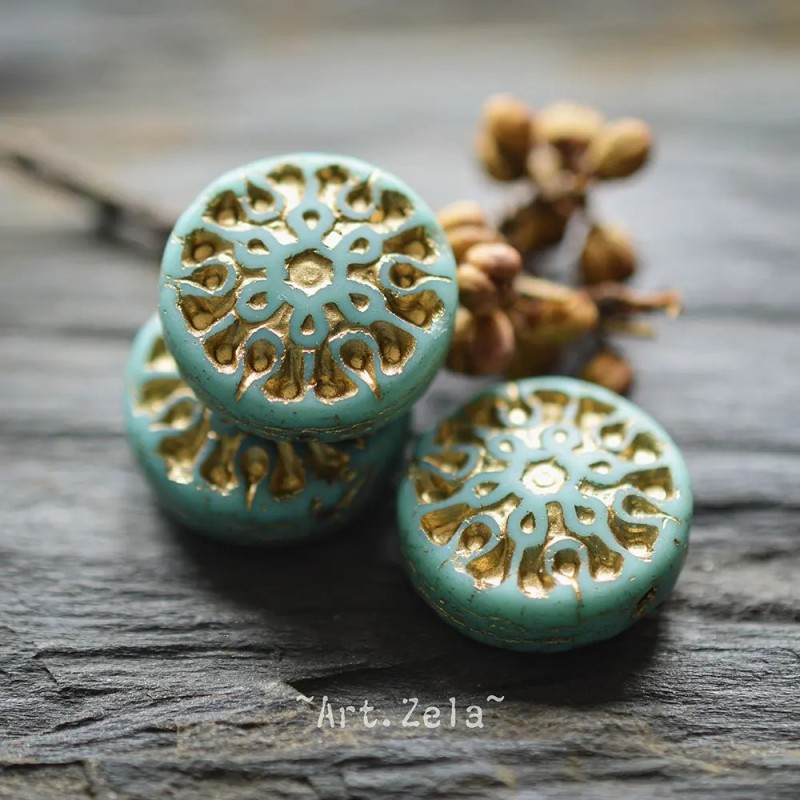 Mandala vert turquoise bronze 18mm X2 Perles verre tchèque opaque