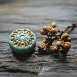 Mandala vert turquoise bronze 18mm X2 Perles verre tchèque opaque