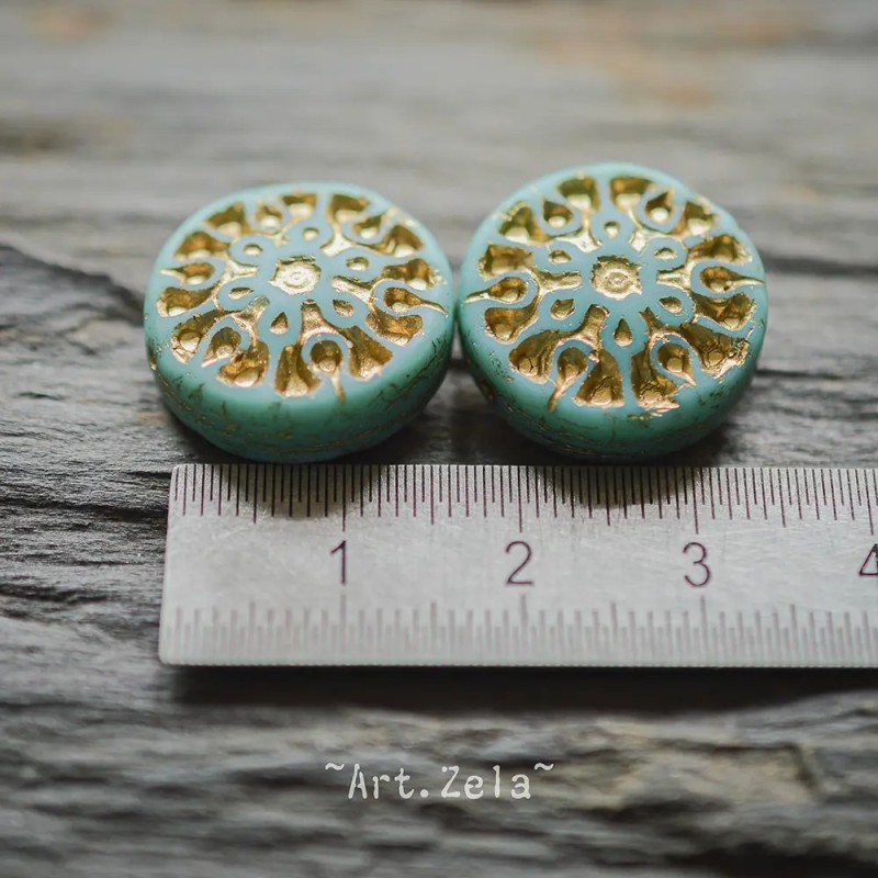 Mandala vert turquoise bronze 18mm X2 Perles verre tchèque opaque